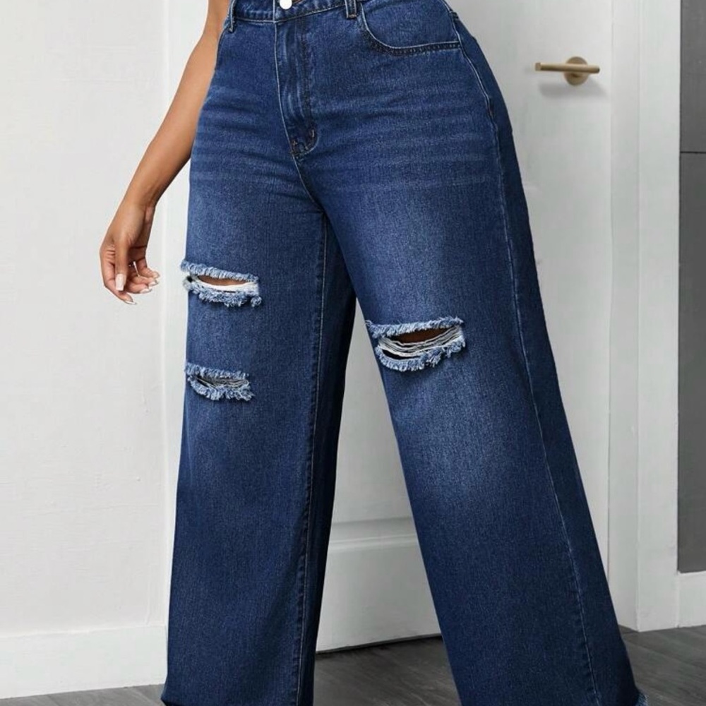 SHEIN Blue Flare Wide-Leg Jeans with Distressed Details